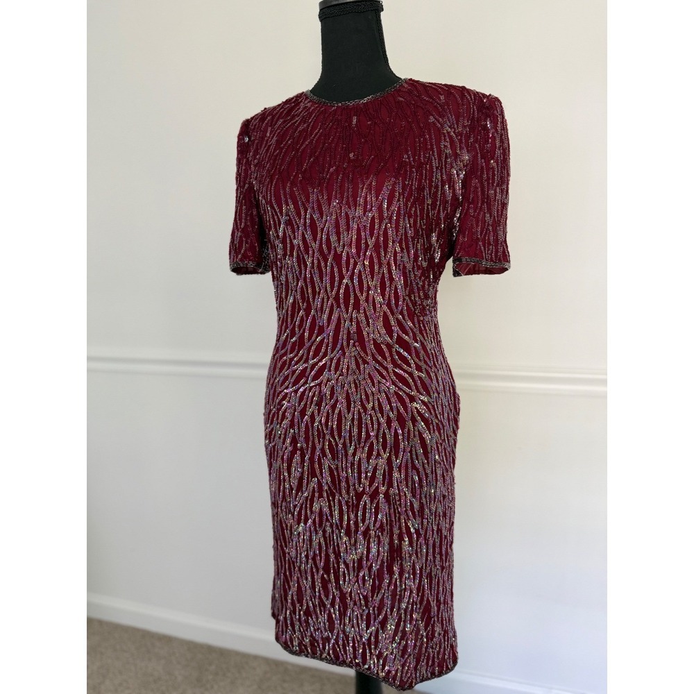 Vintage‎ Laurence Kazar silk Sequin Dress Party Special Occasion Burgundy Size M